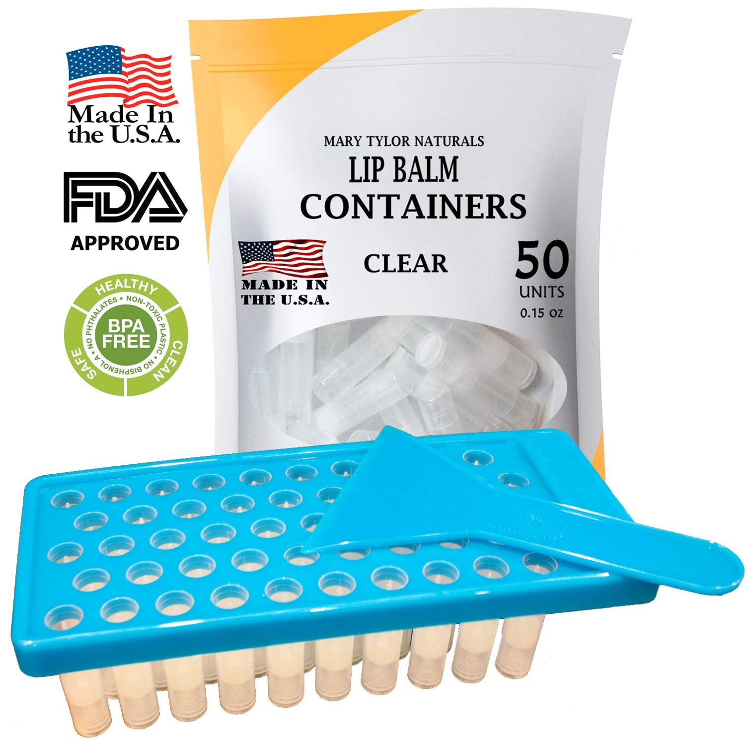 Lip Balm Container Tray Kit with Fill Tray and Spatula, BPA Free, Made in the USA, Includes 50 Clear Containers with Caps (0.15 oz each) by Mary Tylor Naturals