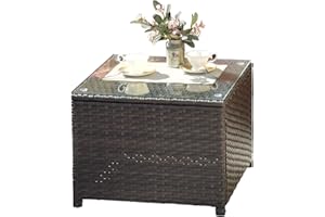 XIZZI Patio Furniture Table Outdoor Table with Glass Top Rattan Patio Coffee Tables,Coffee Table Brown