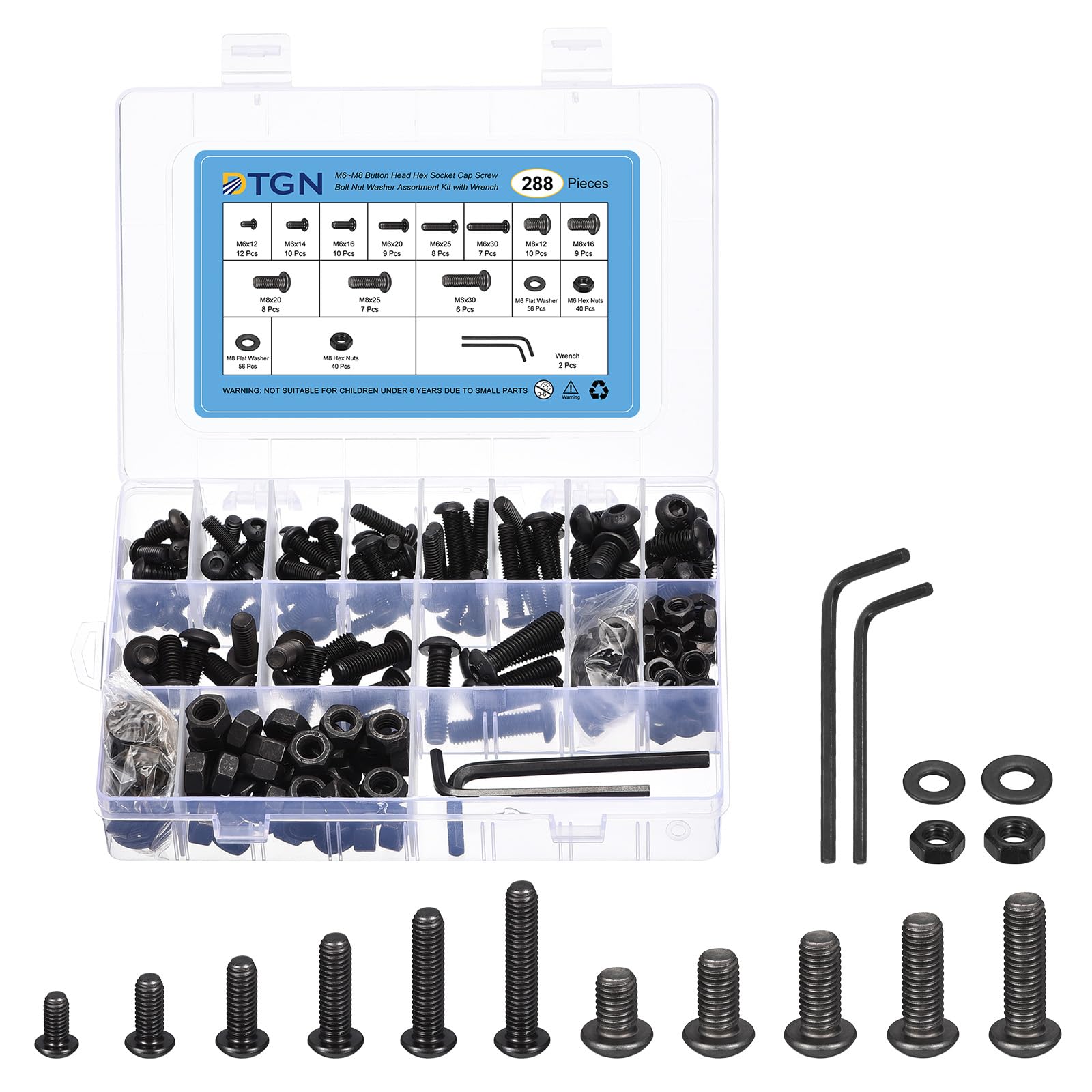 DTGN 288Pcs M6 M8 Button Head Socket Cap Screws - Carbon steel Full Thread Bolt Nut Set Washer Assortment Kit & Wrench - Good for Machine Furniture