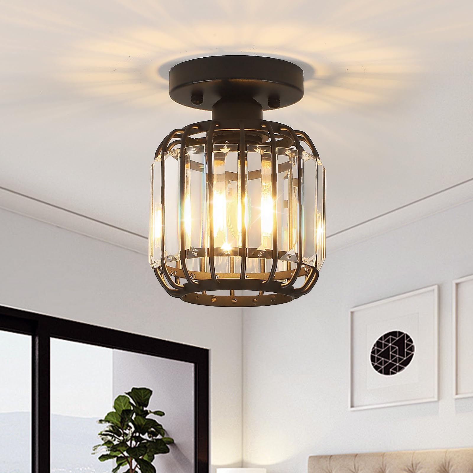 Photo 1 of ***MISSING ONE FIXTURE -SELLING AS IS*** illus illumination 1 Pack Semi Flush Mount Ceiling Light Fixtures - Modern Black Crystal Ceiling Light for Small Hallway, Entryway, Kitchen, Bedroom, Foyer, Dining Room