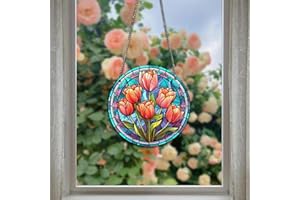 HOTIYOK Red Tulips Flower Acrylic Window Hangings Retro Stained Window & Wall Decor, Ideal Housewarming Gift, Home Decor for Mom, Grandma, Wife, Teacher, Floral Lover