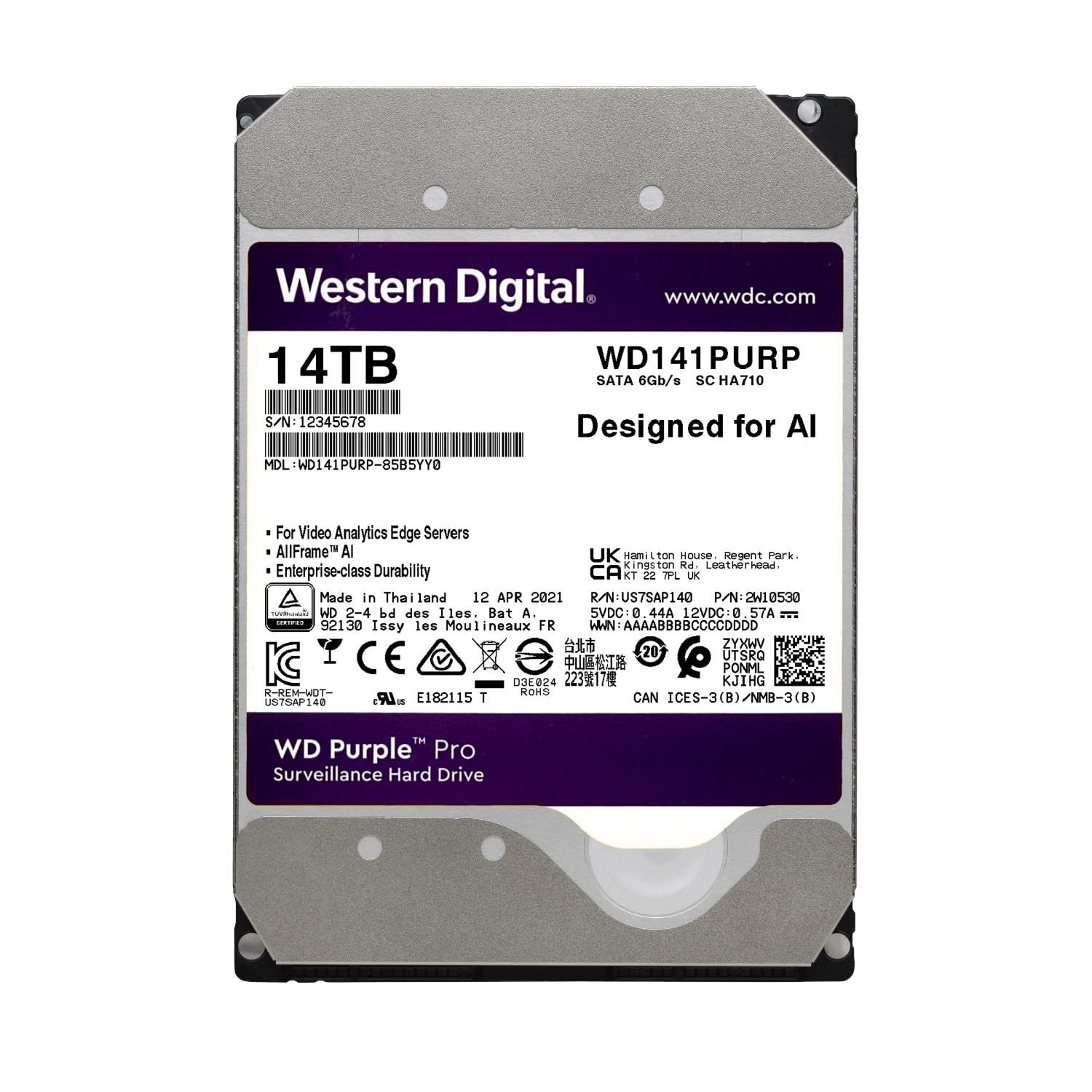 Western Digital 14TB WD Purple Pro Surveillance Internal Hard Drive HDD - SATA 6 Gb/s, 512 MB Cache, 3.5