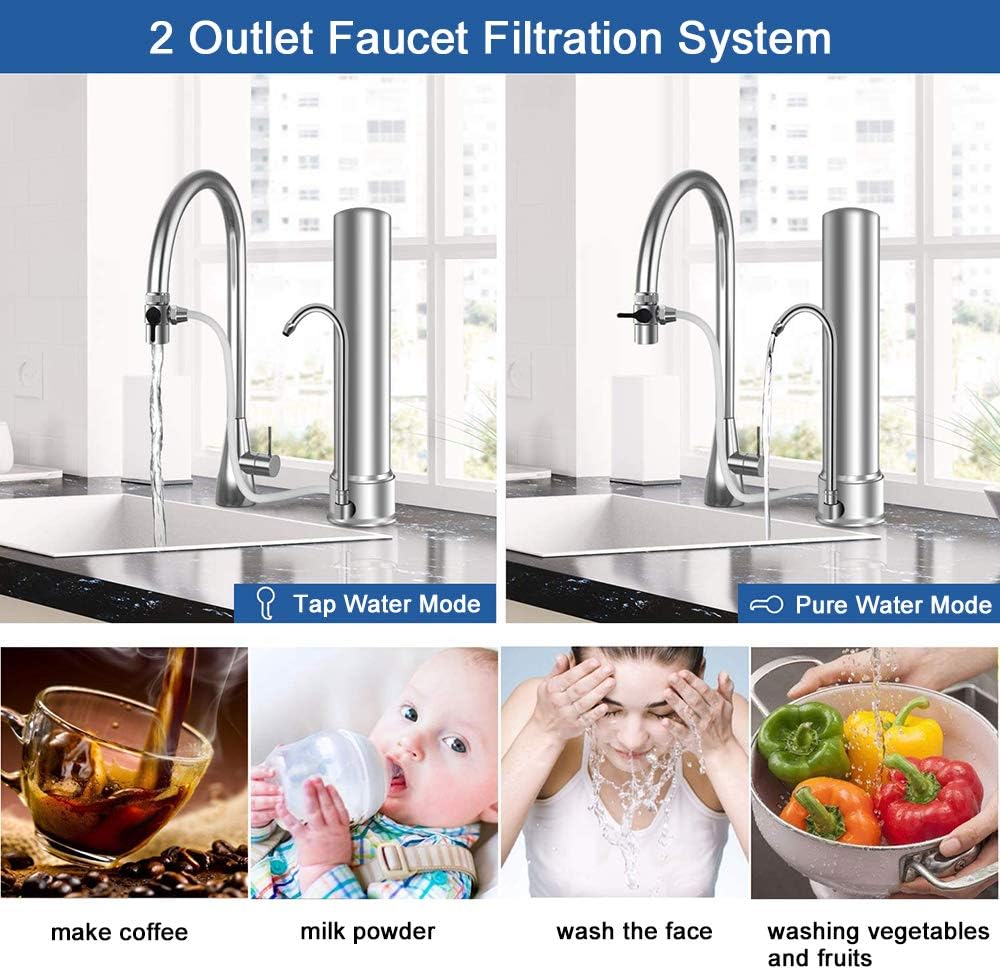 ESOW Countertop Water Filter, 304 Stainless-Steel Drinking Water Purifier, High Water Flow Tap Water Filter, Filtered Water Dispenser for Home, Kitchen Tap & Bathroom Sink, Fits Standard Faucets: Home & Kitchen