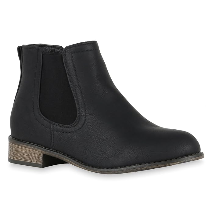 Stiefelparadies Damen Stiefeletten Chelsea Boots mit Blockabsatz Profilsohle Flandell