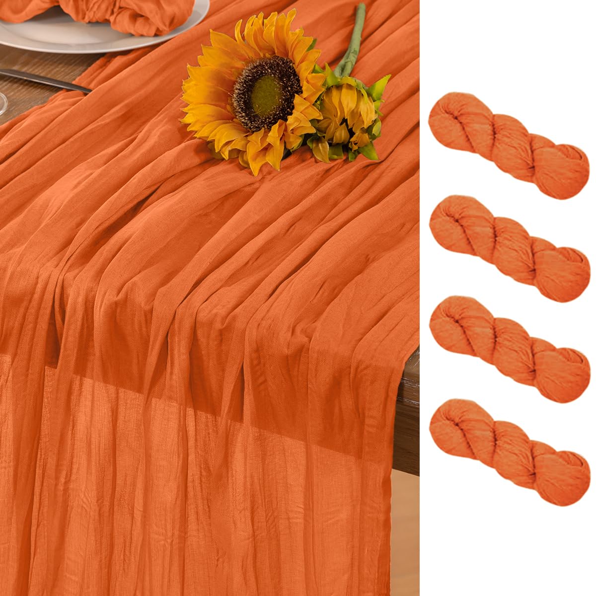 Photo 1 of DeZerlor Orange Cheesecloth Table Runner 4 Pack Halloween Orange Table Runners Boho Gauze 120 Inches Cheese Cloth Fall Table Decorations for Thanksgiving Weddings Bridal Baby Shower Party Decor