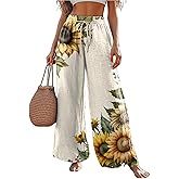 Wudlads Boho Floral Wide Leg Pants for Women Cotton Linen Casual Loose Pants Summer Beach Flowers Print Flowy Long Pants
