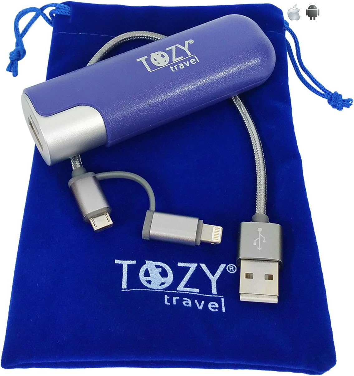 TOZY Portable Phone Cell Charger Lipstick (External Power Bank) w/Free Apple iPhone Lightning/Android MicroUSB Combo Charging Cable & Free Carrying Case.