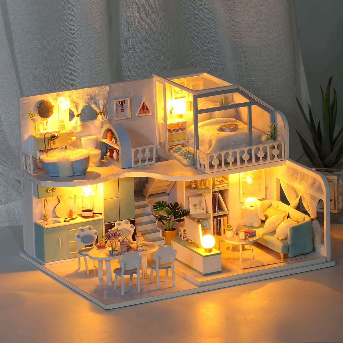 GuDoQi DIY Miniature Dollhouse Kit, Tiny House kit with Furniture, Miniature House Kit 1:24 Scale, Great Gift for Birthday Father's Day, Beautiful Blue Room