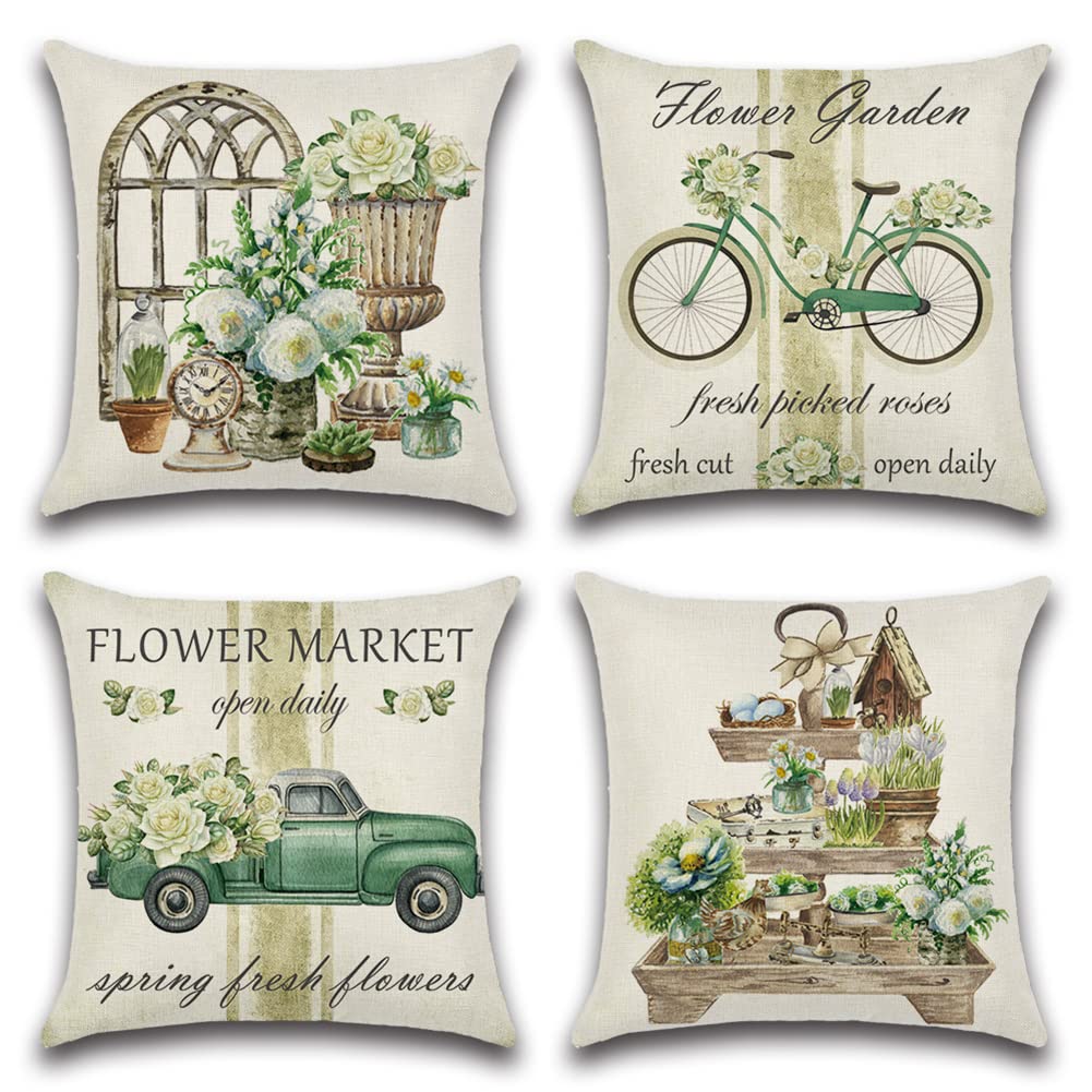 Artscope Set of 4 Waterproof Cushion Covers 45x45cm, Decorative Spring - Green Garden Throw Pillow Covers, Perfect to Outdoor Patio Garden Bench Living Room Sofa Farmhouse Decor — image 1
