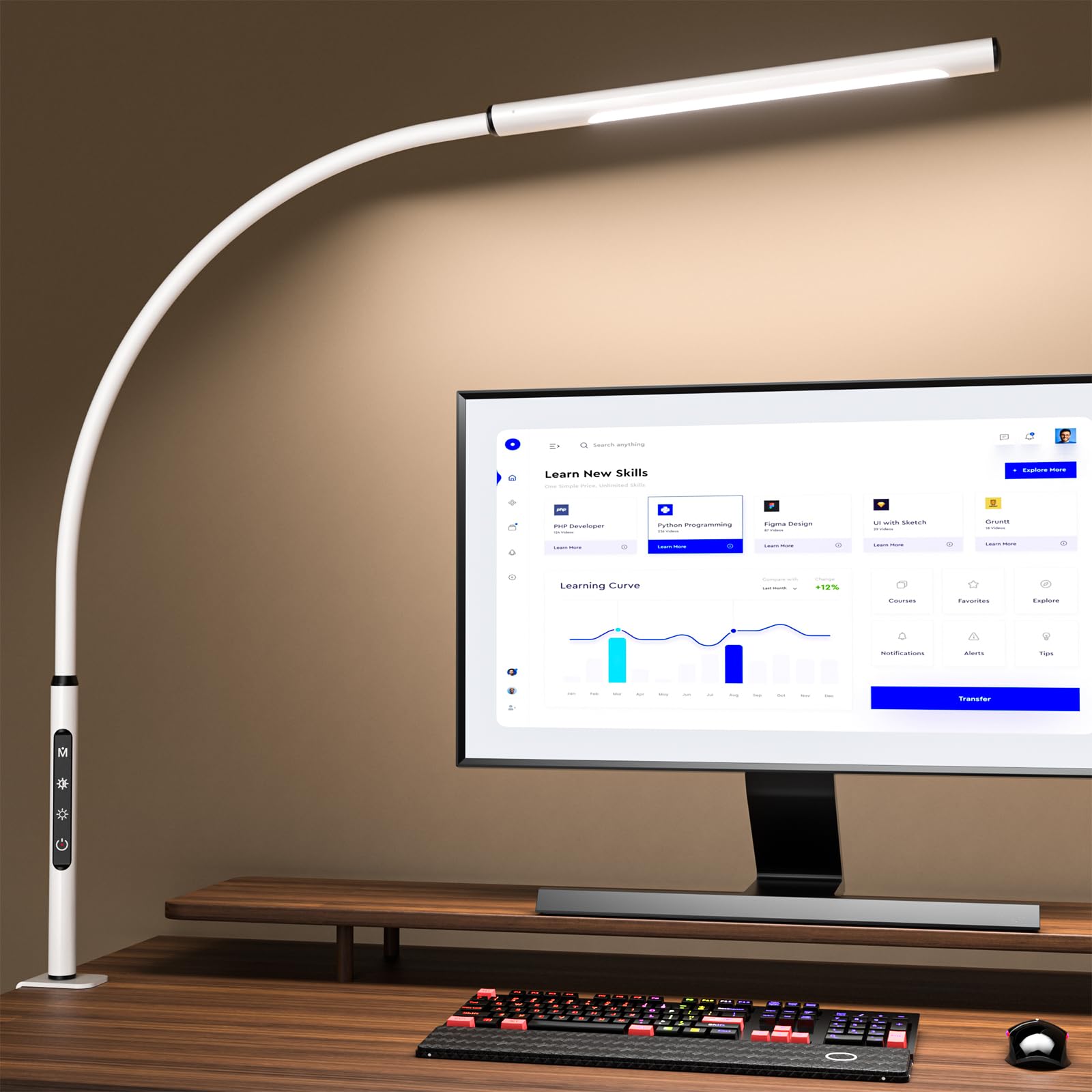EYOCEAN Desk Lamp, LED Desk Lamp Desk Light with Flexible Gooseneck 12W Swing Arm Lamp Eye-Care Desk Light with Clamp Adjustable Color Temperature & Brightness Touch Sensitive Control Timing/Memory