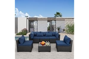 RATTANER Patio Sectional 6 Pieces All-Weather Wicker Patio Furniture Set Outdoor Sectional with Glass Patio Table Non-Slip Cushions and Waterproof Covers, Navy Blue