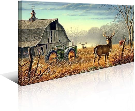 Barn Decor Deer Wall Art For Bedroom Rustic Canvas Art Prints Decor Decoration Deer Tractor Farm Wildlife Hunting Picture Glass Surface Artwork Ready To Hang For Bedroom Home Office Gallery Wrapped Amazon Ca