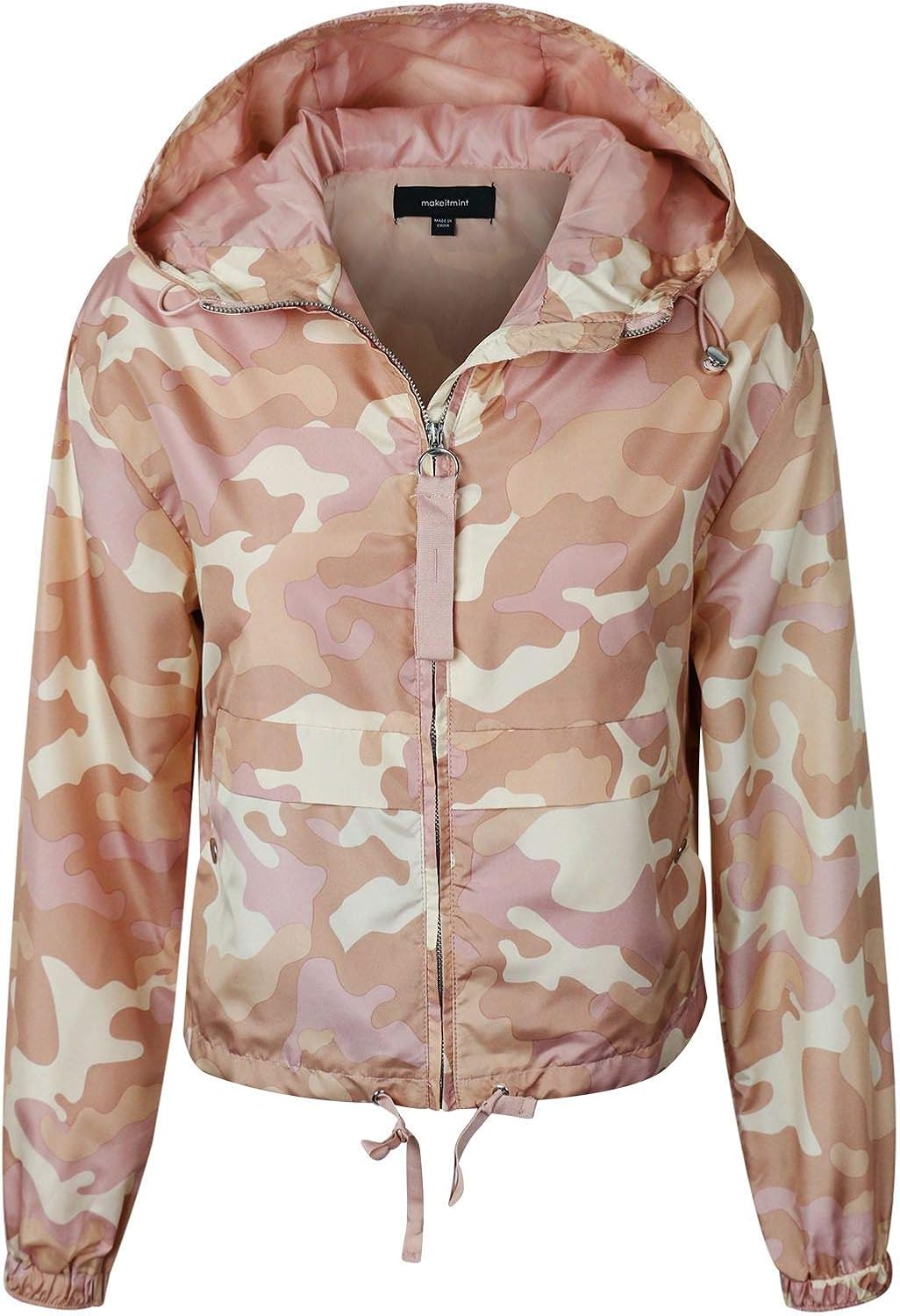 makeitmint Womens Trendy Camouflage Camo Hoodie Zip Up Windbreaker Jacket