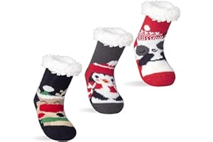 FENELY 3 Pairs Kids Boys Girls Slipper Socks Winter Sherpa Lined Fuzzy Warm Soft Non Skid
