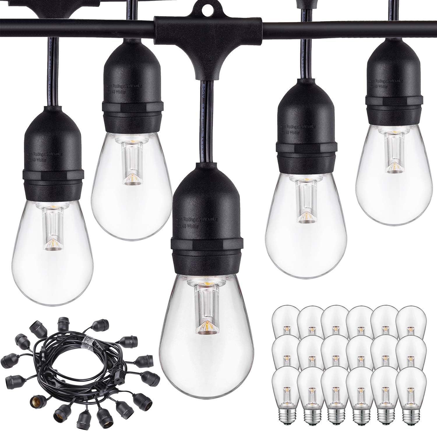 LED Outdoor String Lights, AKAPH Heavy Duty Commercial Weatherproof Globe Strands, 48 Feet Long with 15 Hanging Dropped Sockets, 18 LED Bulbs
