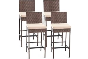 ECOTOUGE Wicker Bar Height Chairs Set of 4, Patio Rattan Bar Stools Counter Height with Cushion, Outdoor Barchairs Armless for Backyard, Poolside, Deck (Brown)