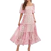 Woman Floral Puff Sleeve Maxi Dress Square Neck Ruffle Flowy Long Dresses Bohemian Tiered Summer Sundress