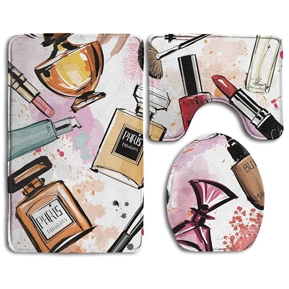 RedBeans Girly Kosmetik- und Make up Thema Muster mit Parfüm und Lippenstift Nagellack Pinsel Moderner City Badezimmer Teppic