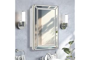 HESONTH Medicine Cabinet with 16x26 Inch Retro Bevel Mirror, Silver Metro Beaded Wooden Frame, Recessed or Surface Mount Bathroom Cabinet,Space-Saving Storage Cabinet