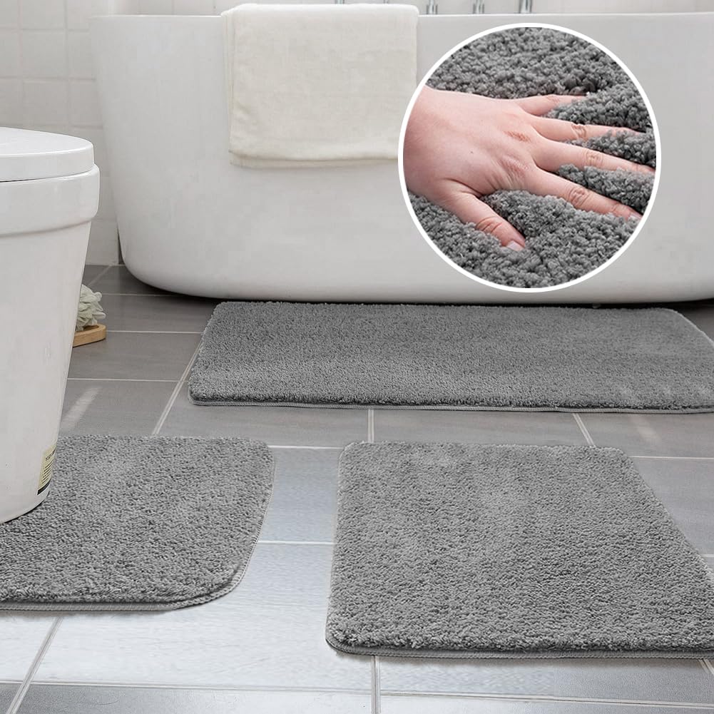 Ceneco Bath Mat Sets 3 Piece Non-slip Microfiber Bathroom Washable Water Absorbent Toilet Mat, Extra Soft Bath Rug, Bathtub Rug(Grey，50 * 80+50 * 60+U40*50 cm)