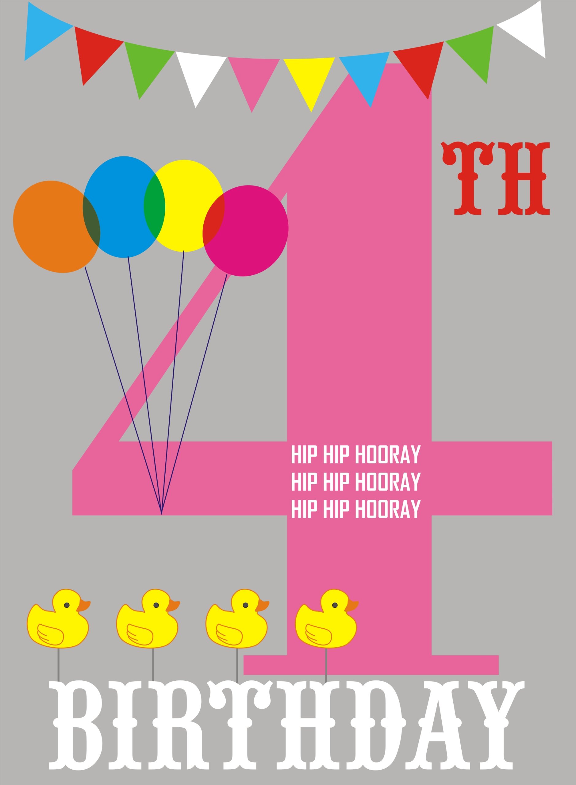 Claire Giles Greeting Cards, Happy 4th Birthday Card, Pink Age 4 Birthday Greeting Card "Hip Hip Hooray"