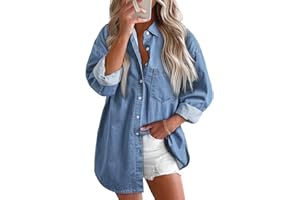 Astylish Women 2024 Denim Shirts Button Down Blouse Long Sleeve V Neck Casual Tops
