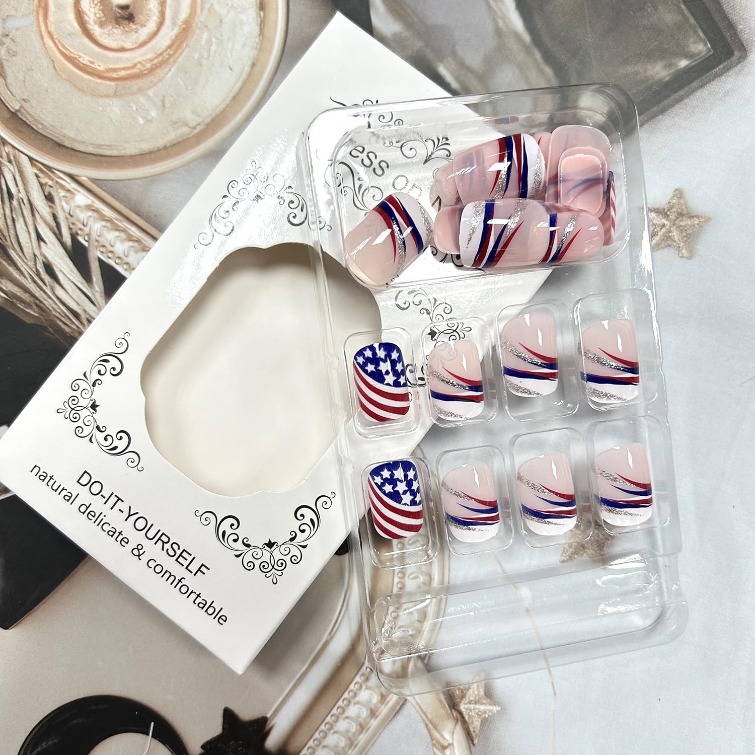July 4 Press on Nails Short Square Artificial Acrylic Nails USA Flag Pattern False Nails Stripe Design Fake Nails Full Cover Glossy Coffin Nails Holiday Nails Glue on Nails for Women Independence Day - Image 5