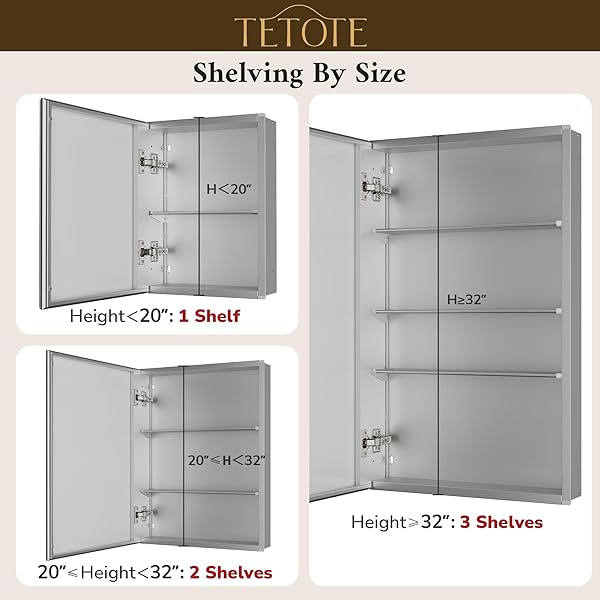 TETOTE 14 X 18 MEDICINE CABINET WITH TEMPERED BEVELED MIRROR SILVER MEDICINE CABINET MIRROR ALUMINUM CABINET DTC HINGES, STEPLESS ADJUSTABLE SHELVES, RECESSED/SURFACE-MOUNTED