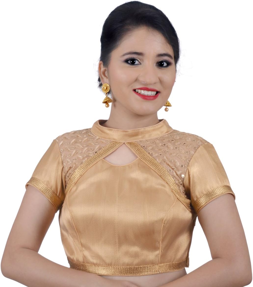 Biyu Designer Net Sequence High Neck Gold Brocade Padded Readymade Saree Blouse Choli for Women