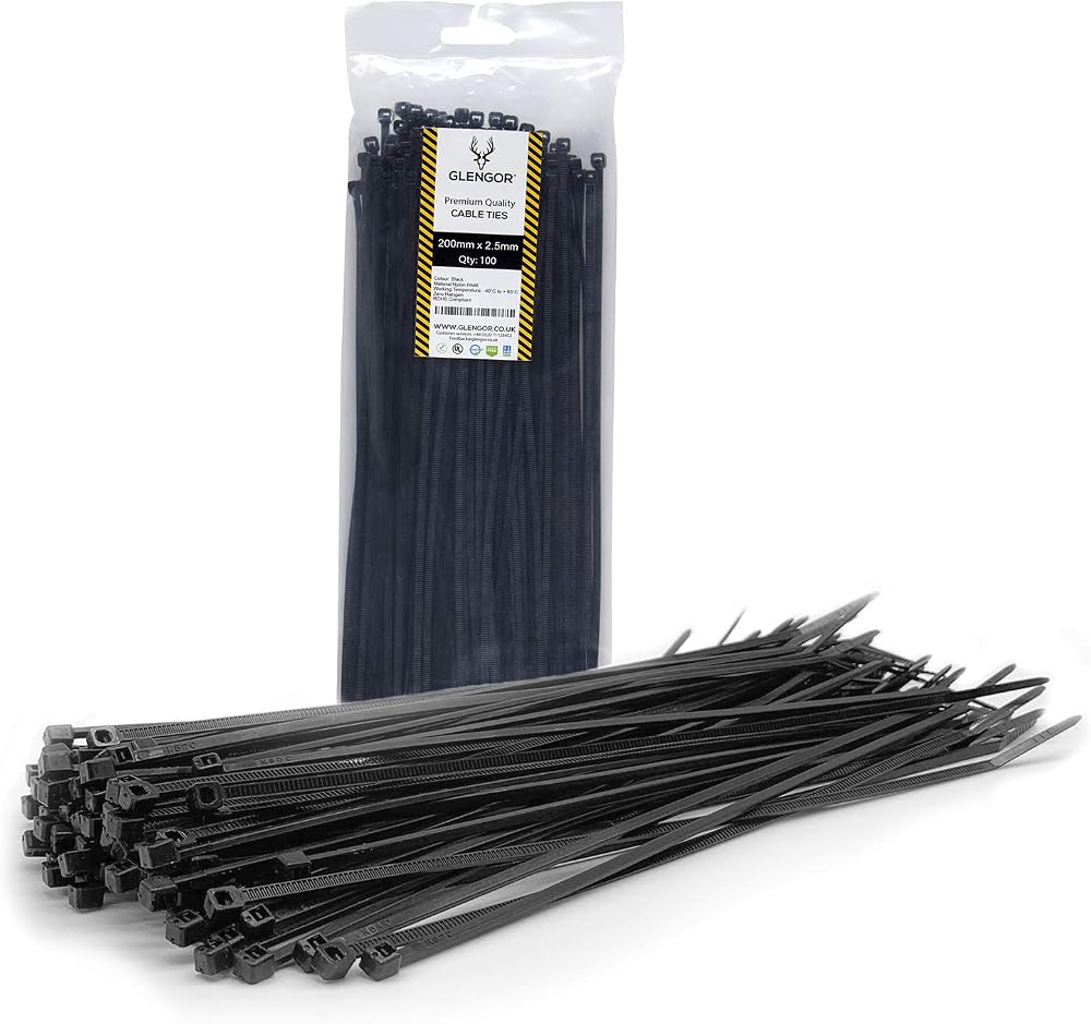 Glengor Black Cable Ties 100 Pack 200mm x 2.5mm Heavy Duty Zip Ties for Home