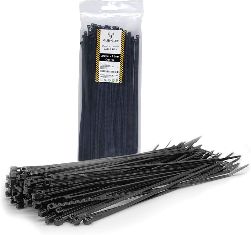 Glengor Black Cable Ties 100 Pack 200mm x 2.5mm Heavy Duty Zip Ties for Home
