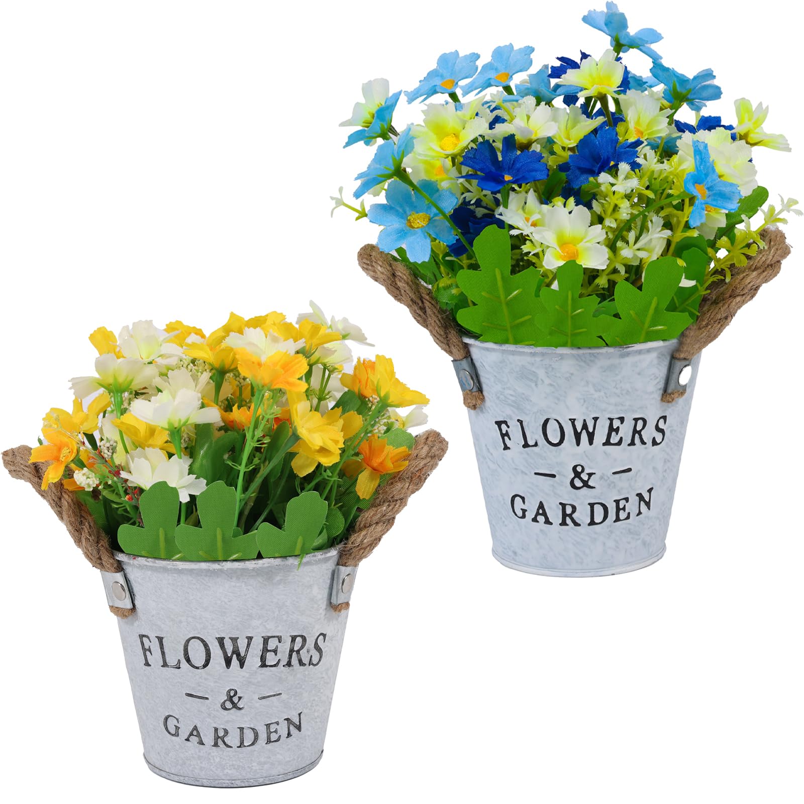Photo 1 of 2 Pack Elegant Daisy Flowers Bouquet, Artificial Potted Flower Arrangement Iron Bucket, Hanging Metal Pot Bonsai Artificial Flowers Balcony Home Decor Ideal House Outdoor Decoration (Blue+Yellow)
