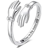 ZOEXUE S925 Sterling Silver Hug Rings for Women Adjustable Hugging Hands Ring with Gift Box & Card Hugs Thumb Band Jewelry Birthday Gifts for Granddaughter Daughter Mom Sister Friends