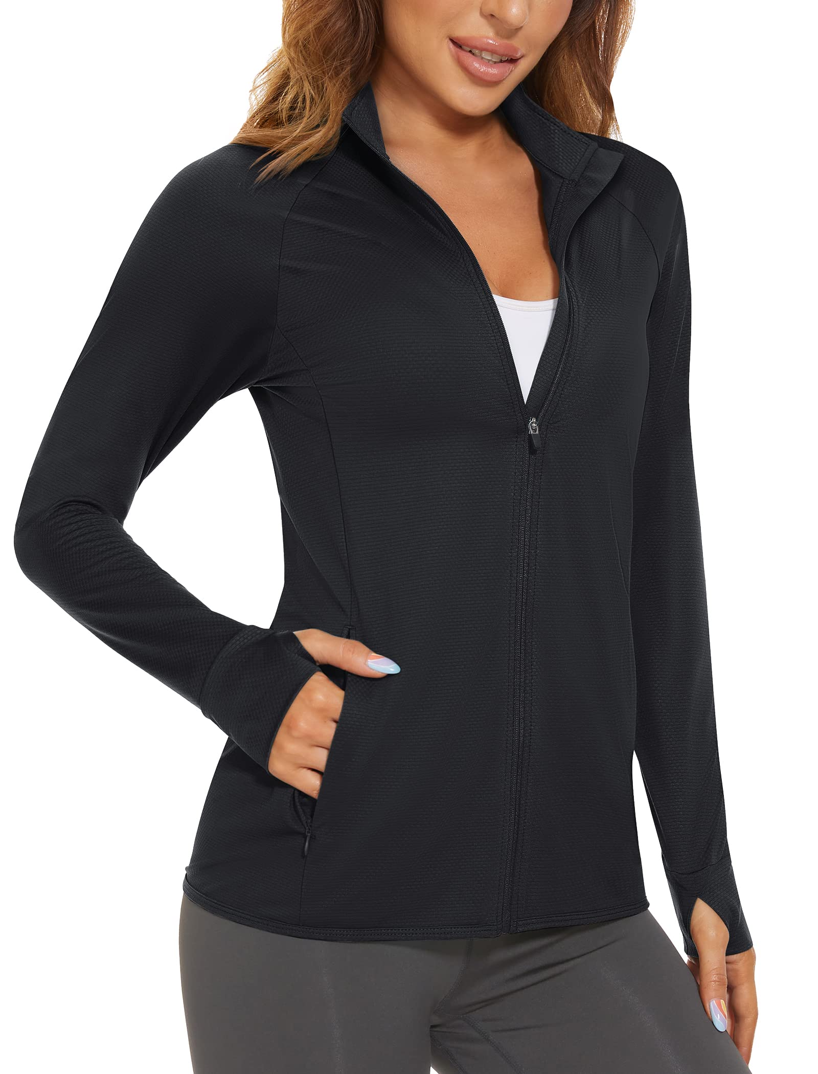 Photo 1 of (LARGE) MAGCOMSEN Women's UPF 50+ Lightweight Athletic Jacket Sun Protection Full Zip Long Sleeve Shirts Hiking Outdoor Pockets Black L