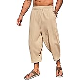 Runcati Mens Cotton Harem Capri Pants Yoga Beach Baggy 3/4 Shorts Pants Casual Elastic Waist Hippie Boho Pants