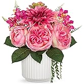 Briful Artificial Peony Flower Arrangement with White Ceramic Pot, Silk Peonies Fake Floral Centerpiece Faux Potted Flowers for Spring Ester Home Office Wedding Table Decor, Pink