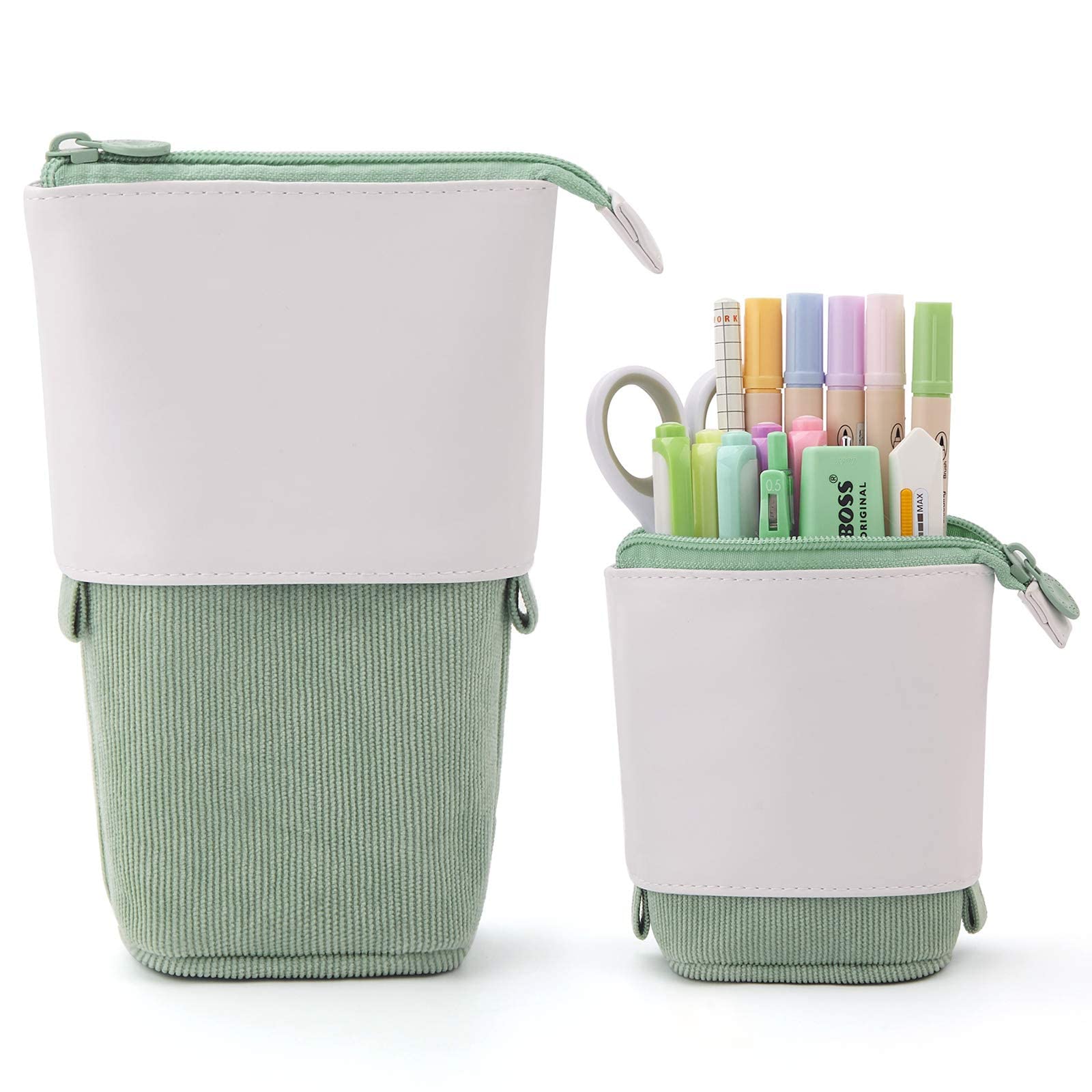 YeahBoom Pencil Case Zip, 2-in-1 Pencil Case and Pen Holder, Pencil Case Girls, Stand Pencil Holder, Telescopic Pencil Case, Pen Holder for Teenagers, Students, Green, Conception PU, /