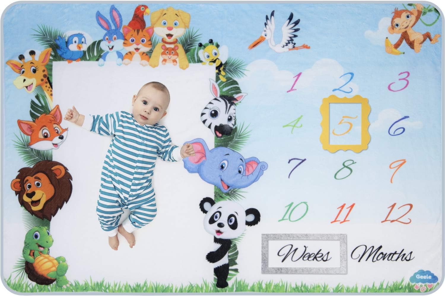 Geele Baby Monthly Milestone Blanket Boys & Girls - Soft Fleece with 2 Markers - Large Animal Photography Background Blanket for Infants & Newborns - 60 x 40 in - 1 to 12 Weeks & Months