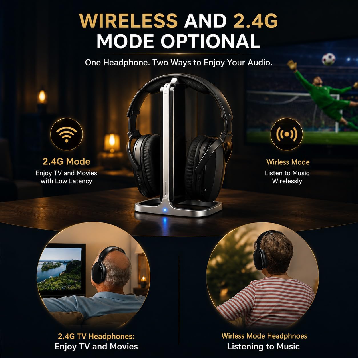 Retekess TA007 Kabellose Kopfhörer für TV, Funkkopfhörer mit TV-Sender-Ladestation, 2,4G Sender-Ladestation, Keine Audioverzögerung, 60 m Arbeitsabstand,Drahtlose Verbindung,für Senioren 2