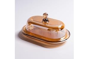 QIANCHANG Champagne Color Glass Butter Dish with Lid, Covered Butter Stick Holder Tray, Large Crystal Glass Butter Storage Container for Kitchen Countertop