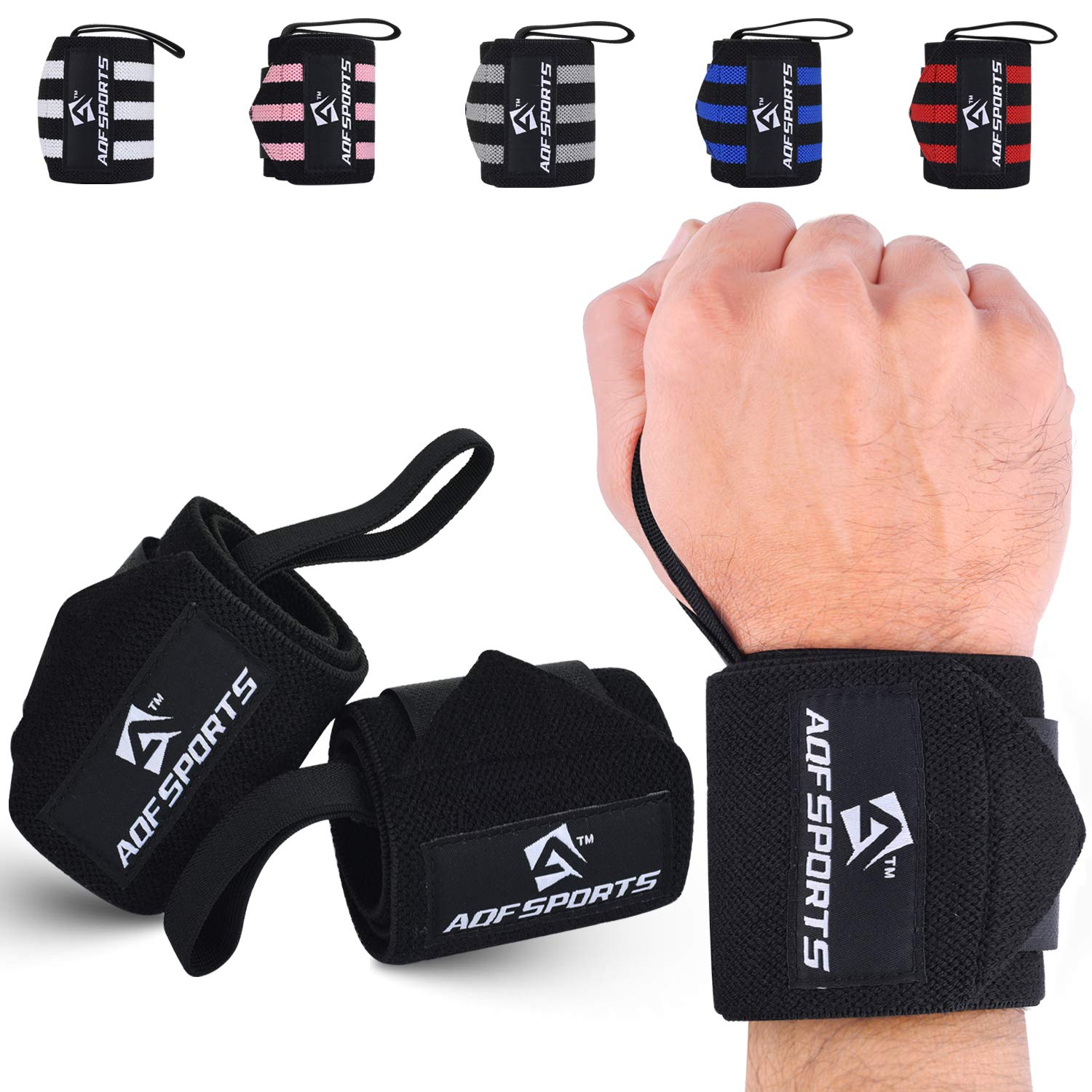 AQF 18” Wrist Wraps Supports Heavy Duty Weightlifting Gym Training Fist Straps with Thumb Loop (Full Black)