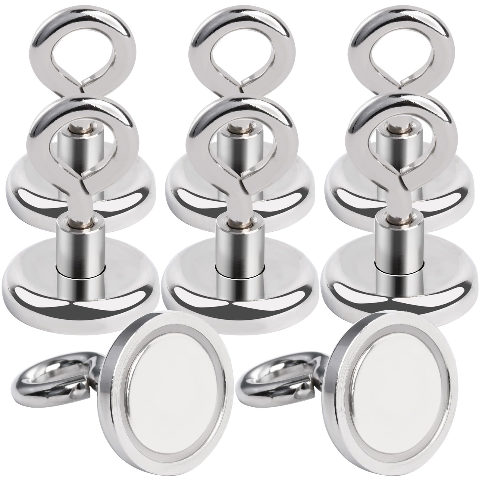 MIN CI 8 Pack Magnetic Hooks, Neodymium Magnets, 32mm, Silver, Round, 36kg Pull Force
