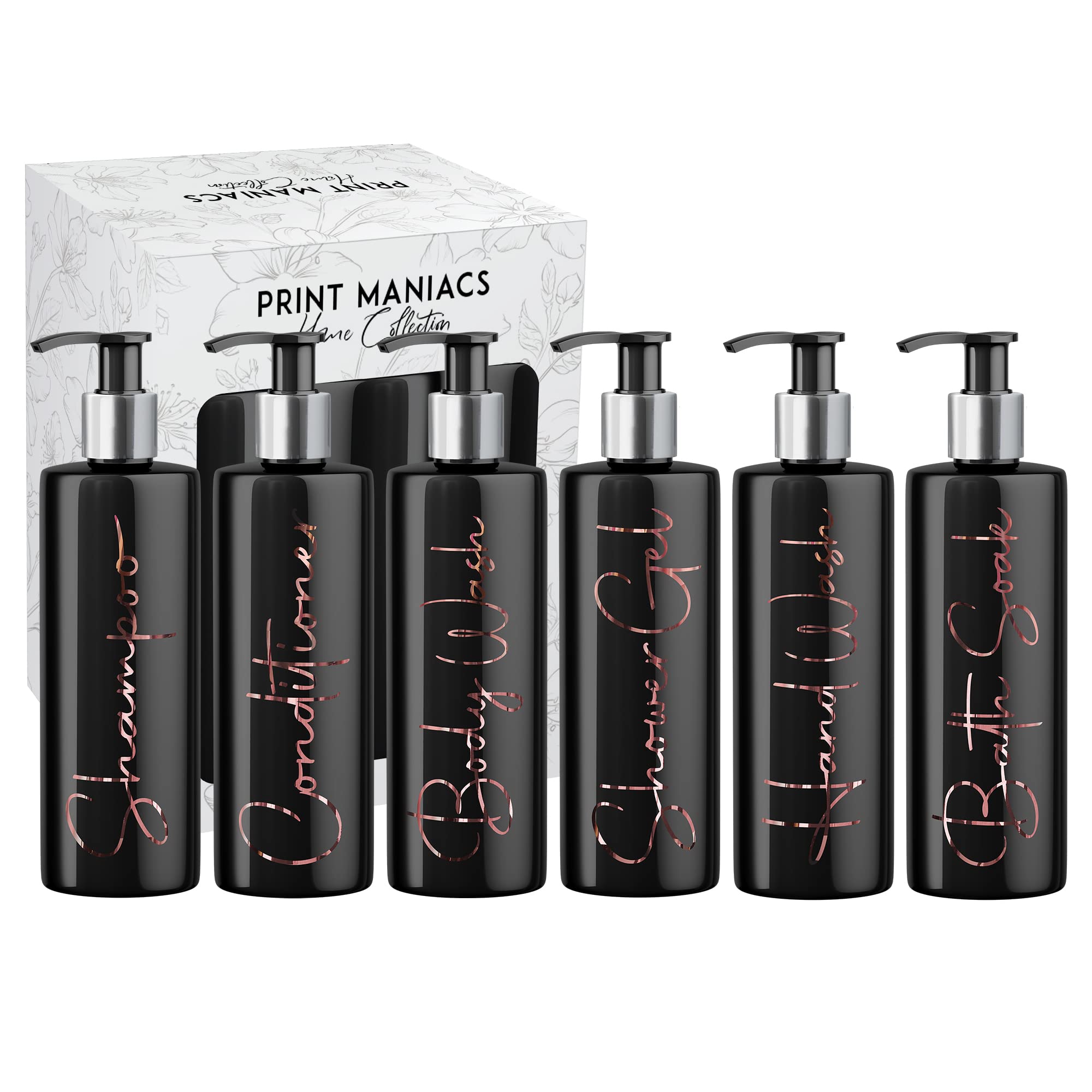 Print Maniacs Mrs Hinch Inspired Black Personalised Dispenser Silver Pump Bottles Set 6 (ROSE GOLD, F2)