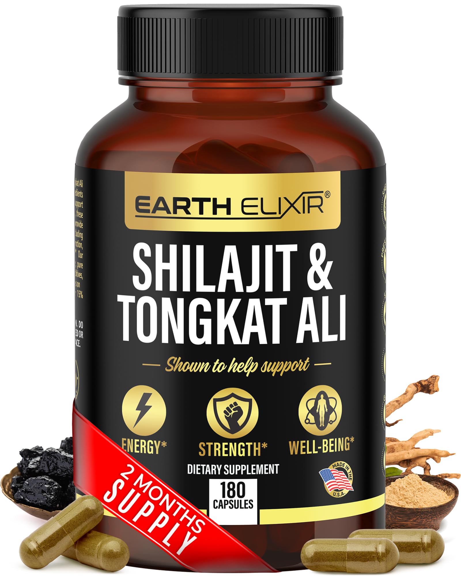 Earth Elixir Shilajit 1000mg & Tongkat Ali 400mg (180 Capsules) Made in USA-Shilajit Supplement (20% Fulvic Acid) Shilajit Pure Himalayan Organic & Tongkat Ali for Men More Potent Than Shilajit Resin