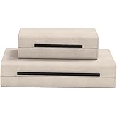 Ivory Shagreen Decorative Boxes Set of 2-Modern Faux Leather Jewelry Orgazier, Engineered Wood Keepsake Boxes With Black Metal Handles for Home Decor Living Room Console Table, Gift (Ivory)