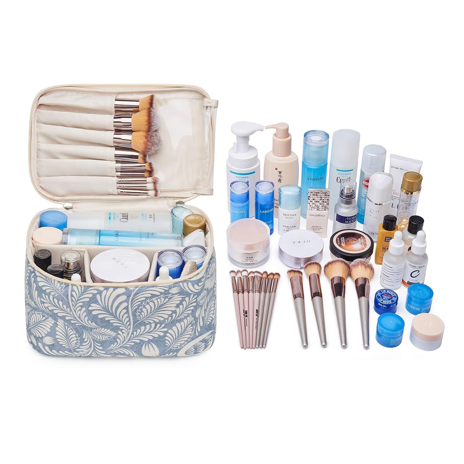 Travel Makeup Bag Large Cosmetic Bag Make up Case Organizer for Women and Girls (Large, Blue Leaf) : Beauty