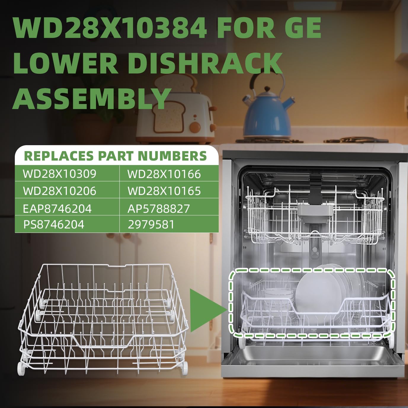 Upgrade WD28X10384 Lower Rack Assembly for GE Dishwasher Rack Replacement, Fits for GE Dishwasher GLD4560V00SS GLD5660N00SS GHDA485N10CS GHDA480N10WW, Includes 8 Rollers, 22.2