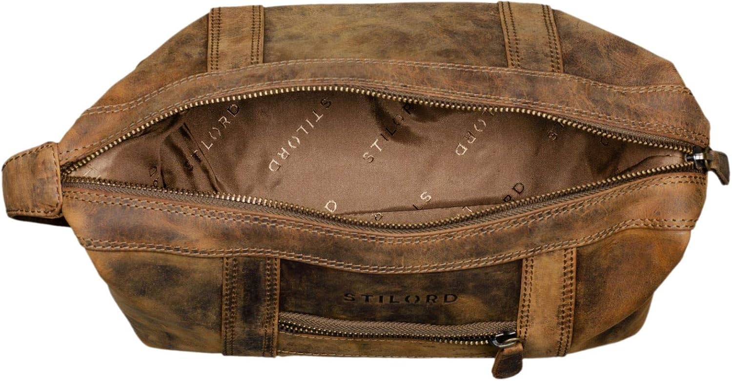 STILORD "Bruno" Men's Wash Bag Vintage Leather Travel Toilet Bag Toilet Kit with Wrist Strap 2 Compartments Overnight Wash Gym Bag Colour:Middle Brown - Image 4