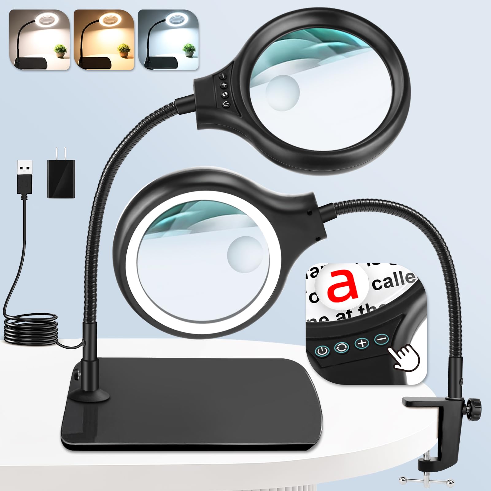Photo 1 of NZQXJXZ Large 20X 10X Magnifying Glass with 36 LEDs Light and Stand 2 in1 Magnifying Lamp with Large Base and Clamp, 3 Color Modes and Stepless Dimmable, Hands Free Desk Magnifier for Close Work