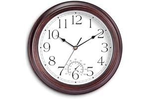 KECYET 12 Inch Outdoor Wall Clock with Thermometers, Vintage Silent Wall Clocks Battery Operated, Retro Non-Ticking Clock Decorative for Living Room, Patio, Kitchen, Office, Bathroom, Bedroom(Bronze)